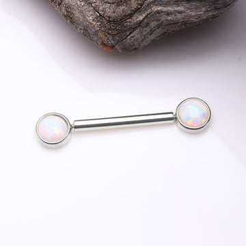 Detail View 1 of A Pair of 14 Karat White Gold OneFit Threadless Round Fire Opal Bezel Set Nipple Barbell-White Opal